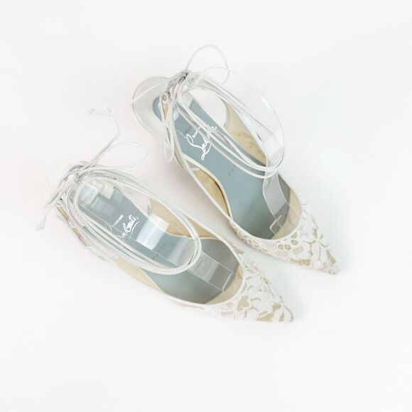 CHRISTIAN LOUBOUTIN White Kate Lace Pumps Size 38 US 8 Lace Up Satin Trim Heels - Picture 5 of 15